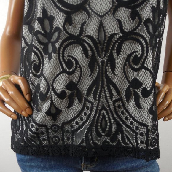 CHICO'S Top M Sz 1 Black Lace Tank Shirt White Lining Sleeveless Blouse - Picture 5 of 9